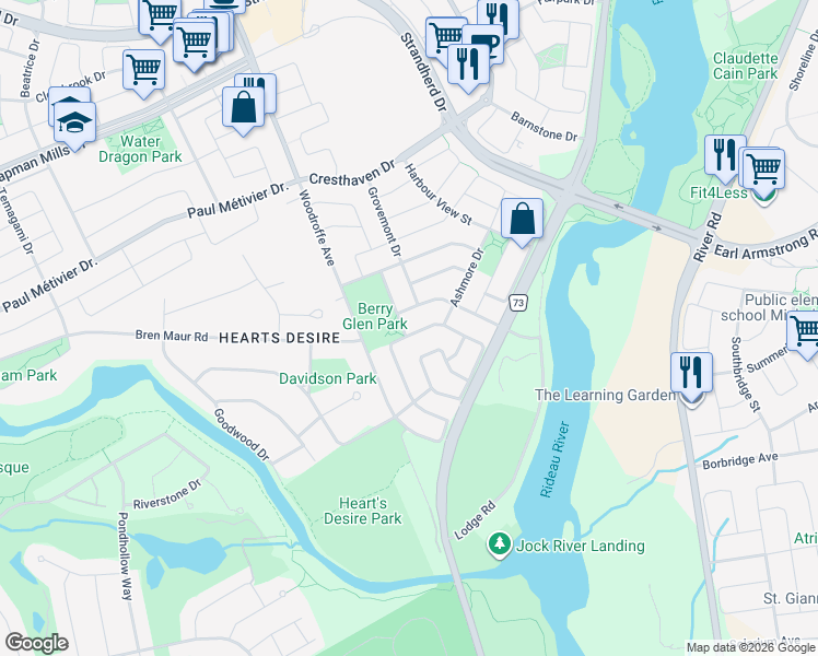 map of restaurants, bars, coffee shops, grocery stores, and more near 39 Berry Glen Street in Ottawa