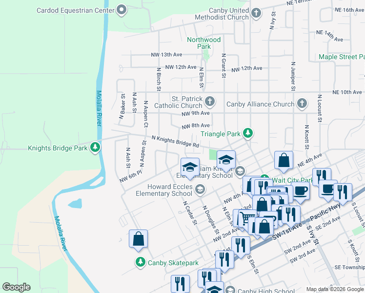 map of restaurants, bars, coffee shops, grocery stores, and more near 625 North Knights Bridge Road in Canby