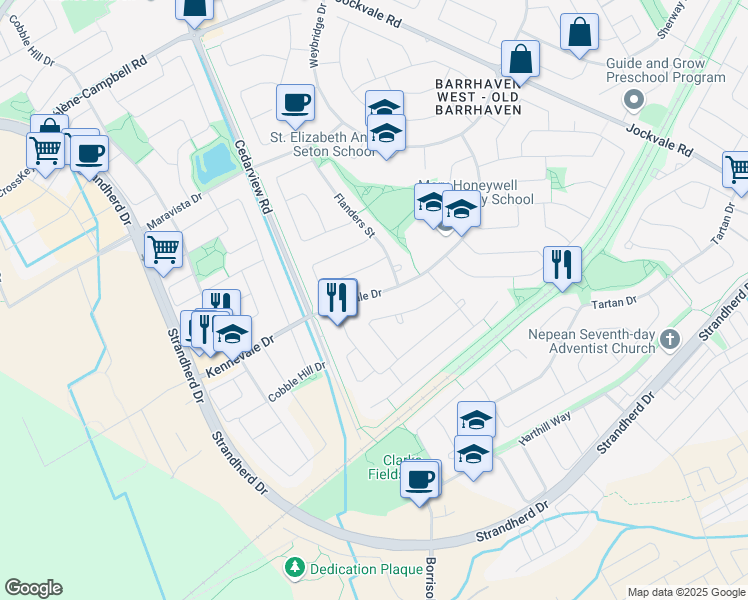 map of restaurants, bars, coffee shops, grocery stores, and more near 115 Kennevale Drive in Ottawa