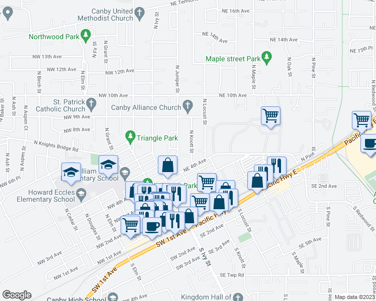 map of restaurants, bars, coffee shops, grocery stores, and more near 513 North Knott Street in Canby