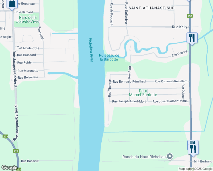 map of restaurants, bars, coffee shops, grocery stores, and more near 13 Rue Théroux in Saint-Jean-sur-Richelieu