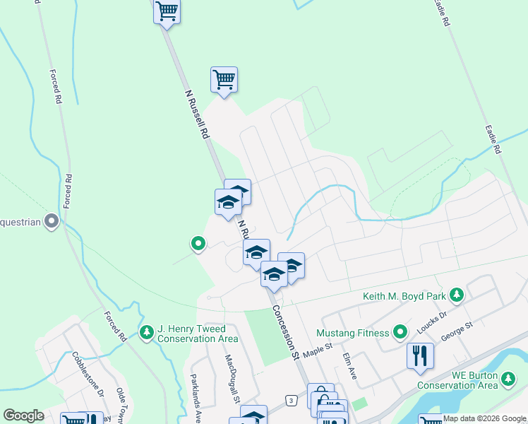 map of restaurants, bars, coffee shops, grocery stores, and more near 336 Twilight Avenue in Russell