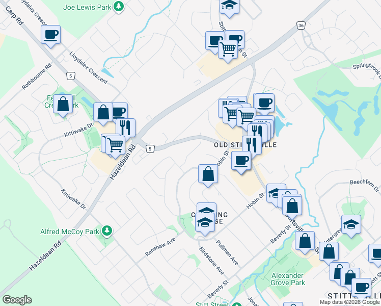 map of restaurants, bars, coffee shops, grocery stores, and more near Laumann Court in Ottawa