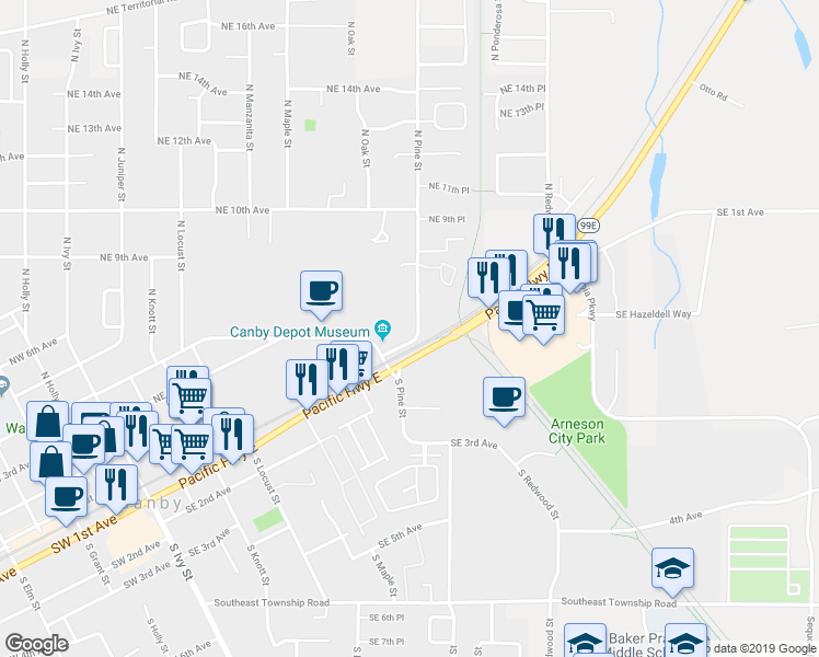 map of restaurants, bars, coffee shops, grocery stores, and more near 469 North Pine Street in Canby