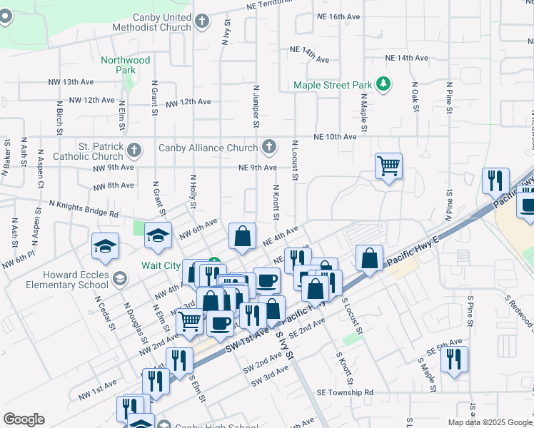 map of restaurants, bars, coffee shops, grocery stores, and more near 503 North Knott Street in Canby