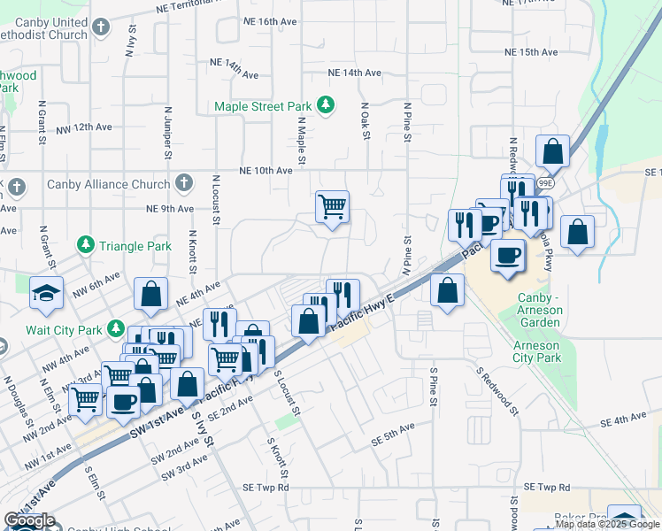 map of restaurants, bars, coffee shops, grocery stores, and more near 698 Northeast 4th Avenue in Canby