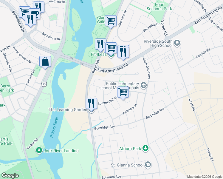 map of restaurants, bars, coffee shops, grocery stores, and more near 707 River Road in Ottawa