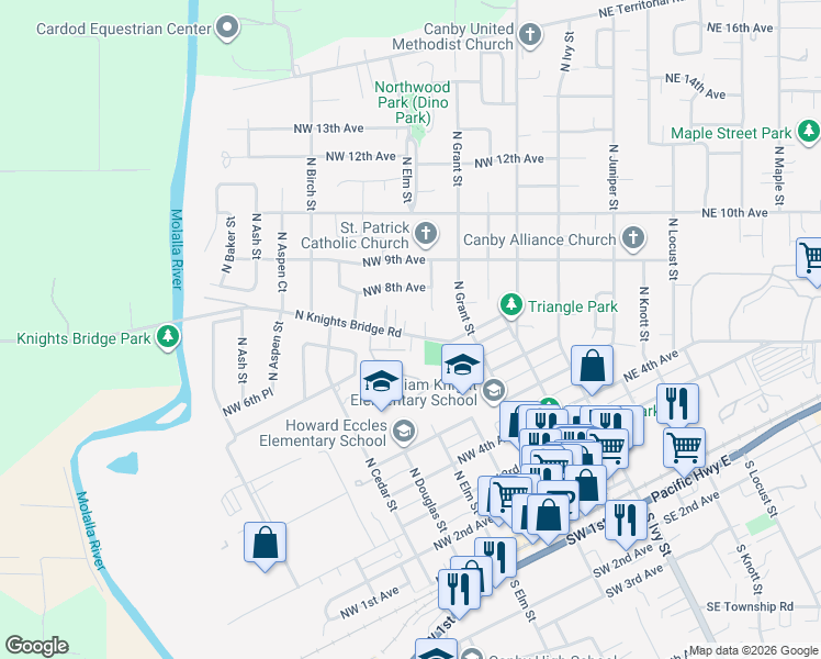 map of restaurants, bars, coffee shops, grocery stores, and more near 478 North Knights Bridge Road in Canby
