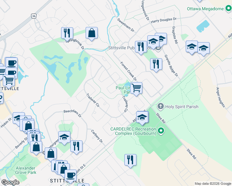 map of restaurants, bars, coffee shops, grocery stores, and more near 29 Shady Branch Trail in Ottawa