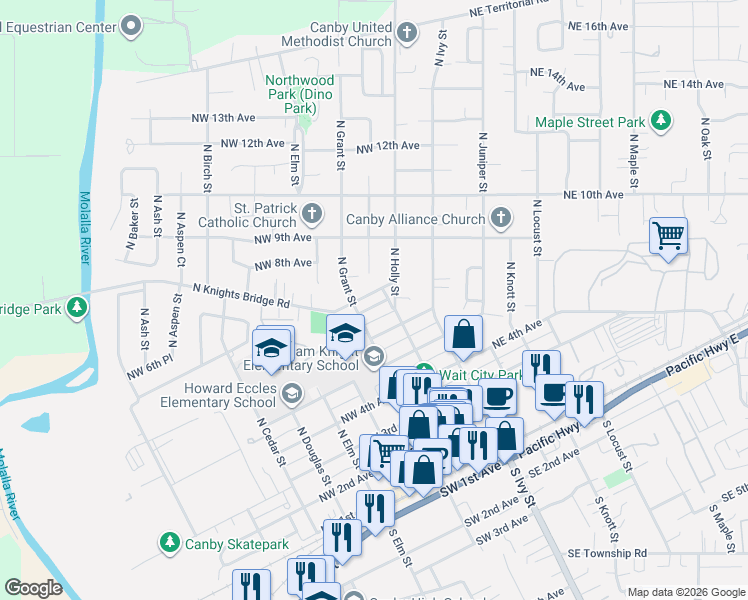 map of restaurants, bars, coffee shops, grocery stores, and more near 257 North Knights Bridge Road in Canby