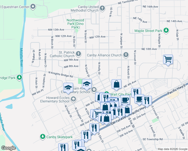 map of restaurants, bars, coffee shops, grocery stores, and more near 257 North Knights Bridge Road in Canby