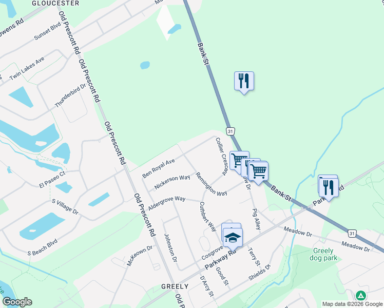 map of restaurants, bars, coffee shops, grocery stores, and more near 1259 Remington Way in Ottawa