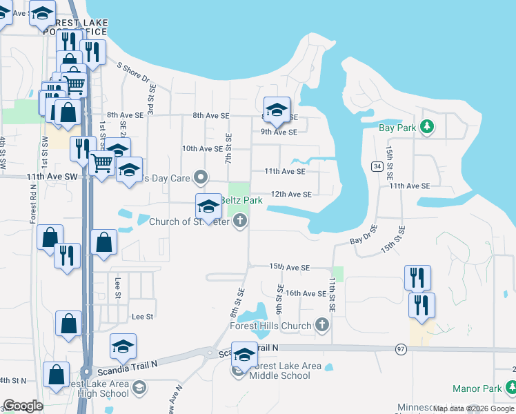 map of restaurants, bars, coffee shops, grocery stores, and more near 1231 South Shore Drive in Forest Lake