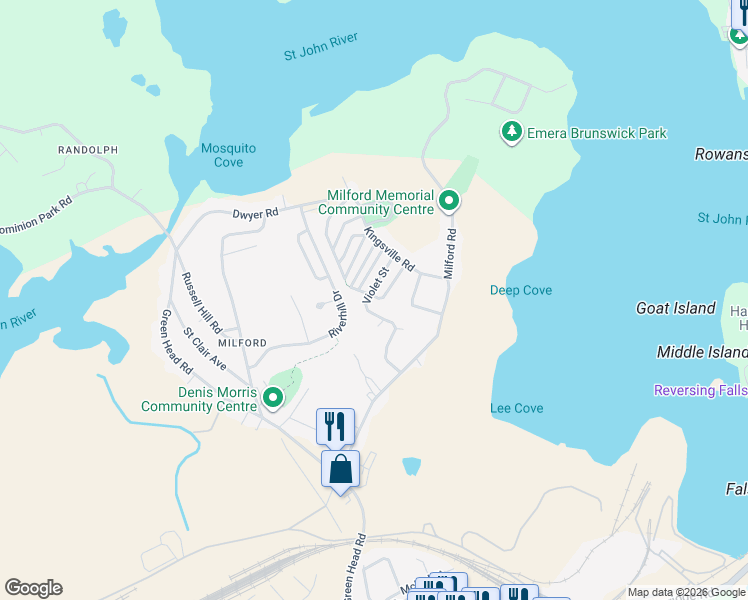 map of restaurants, bars, coffee shops, grocery stores, and more near 27 Tulip Street in Saint John