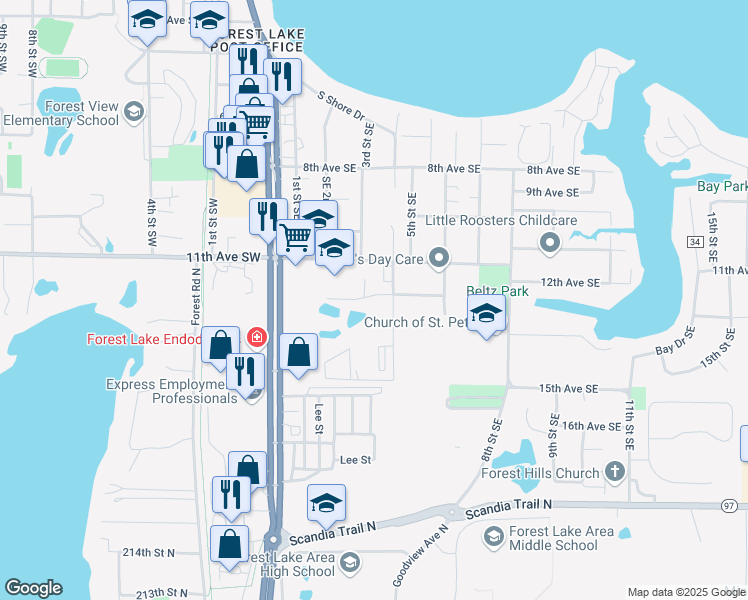 map of restaurants, bars, coffee shops, grocery stores, and more near 1278 4th Street Southeast in Forest Lake