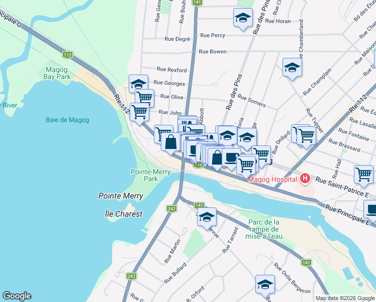 map of restaurants, bars, coffee shops, grocery stores, and more near 503 Québec 112 in Magog