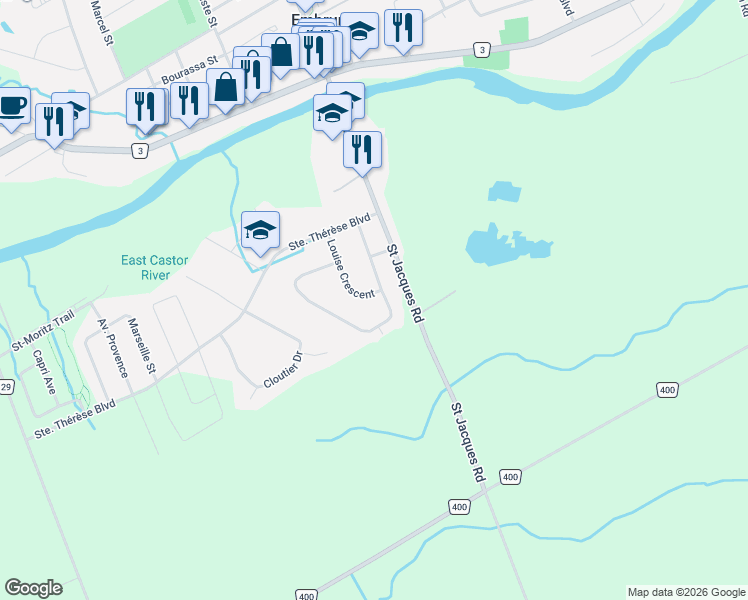 map of restaurants, bars, coffee shops, grocery stores, and more near 29 Louise Crescent in Embrun