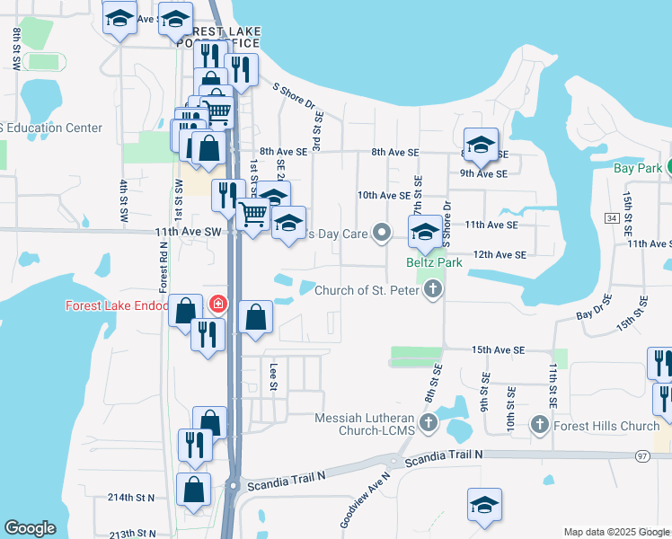 map of restaurants, bars, coffee shops, grocery stores, and more near 1278 4th Street Southeast in Forest Lake