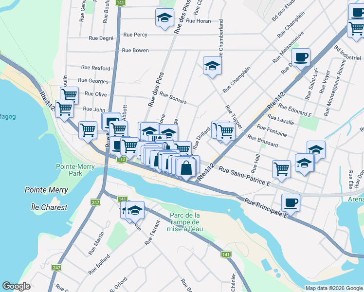 map of restaurants, bars, coffee shops, grocery stores, and more near 135 Rue Sainte-Catherine in Magog