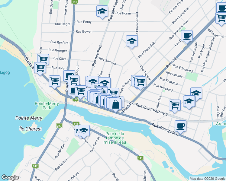 map of restaurants, bars, coffee shops, grocery stores, and more near 135 Rue Sainte-Catherine in Magog