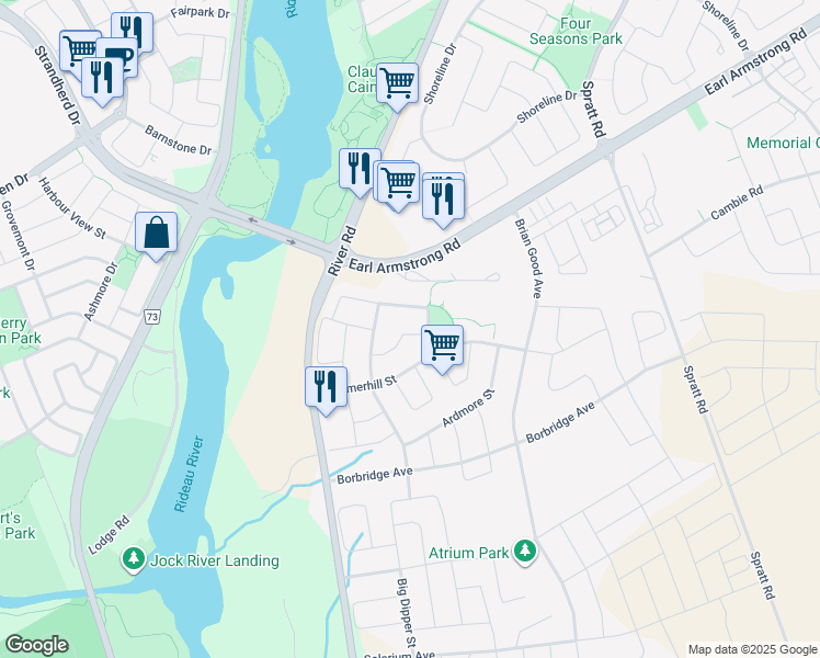 map of restaurants, bars, coffee shops, grocery stores, and more near 612 Tennant Way in Ottawa