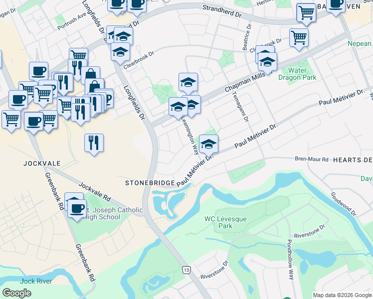 map of restaurants, bars, coffee shops, grocery stores, and more near 267 Garrity Crescent in Ottawa