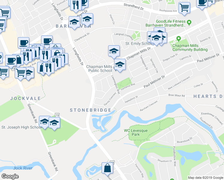 map of restaurants, bars, coffee shops, grocery stores, and more near 267 Garrity Crescent in Ottawa