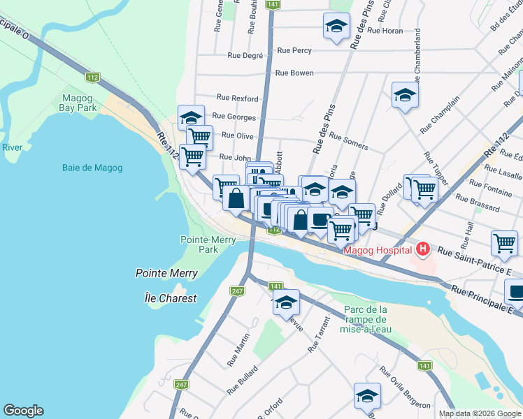 map of restaurants, bars, coffee shops, grocery stores, and more near 503 Québec 112 in Magog