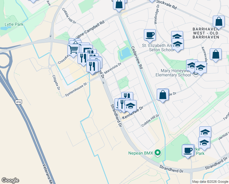 map of restaurants, bars, coffee shops, grocery stores, and more near 317 Copperfield Crescent in Ottawa