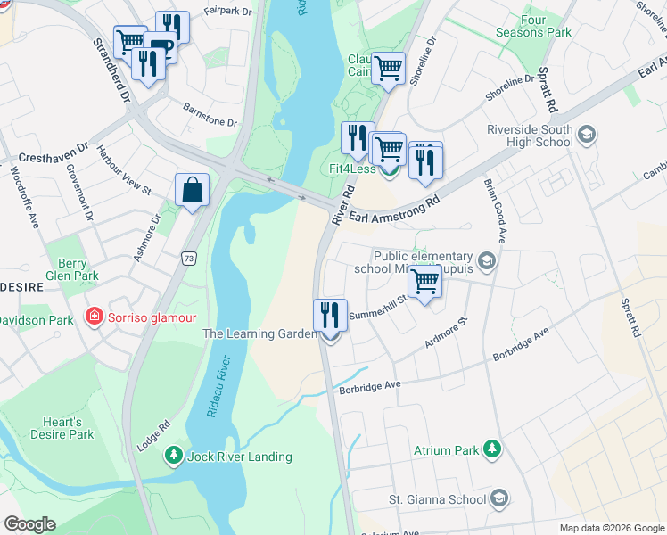 map of restaurants, bars, coffee shops, grocery stores, and more near 327 Ballinville Circle in Ottawa