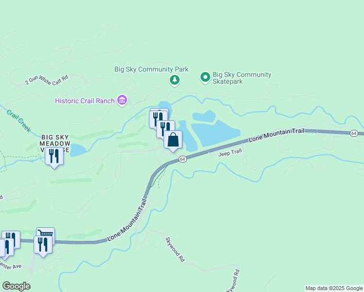 map of restaurants, bars, coffee shops, grocery stores, and more near 32 Market Place in Big Sky