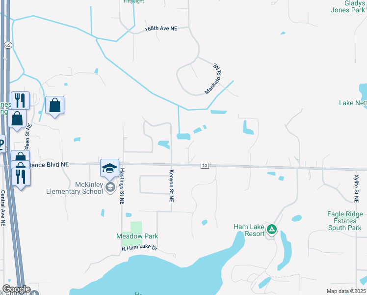 map of restaurants, bars, coffee shops, grocery stores, and more near 16336 Mankato Street Northeast in Ham Lake