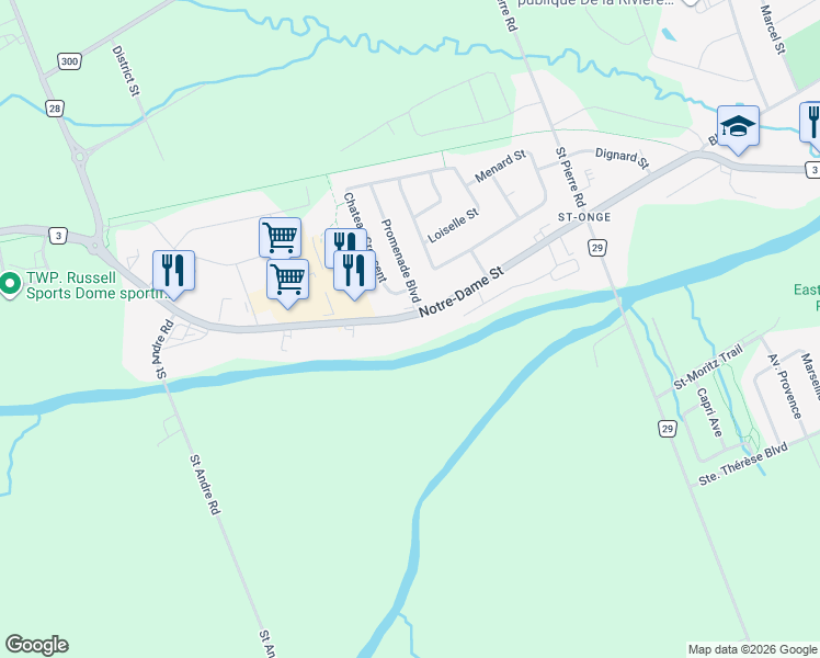 map of restaurants, bars, coffee shops, grocery stores, and more near 792 Notre Dame Street in Embrun