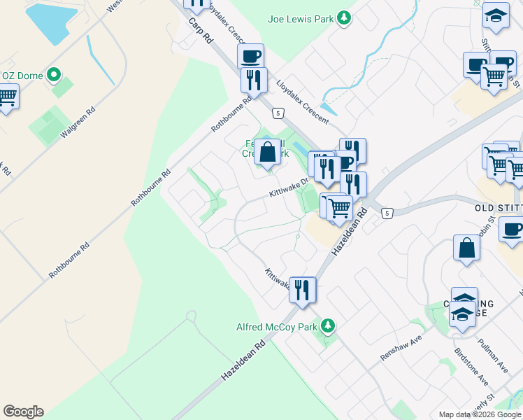 map of restaurants, bars, coffee shops, grocery stores, and more near 30 Chantilly Gate in Ottawa
