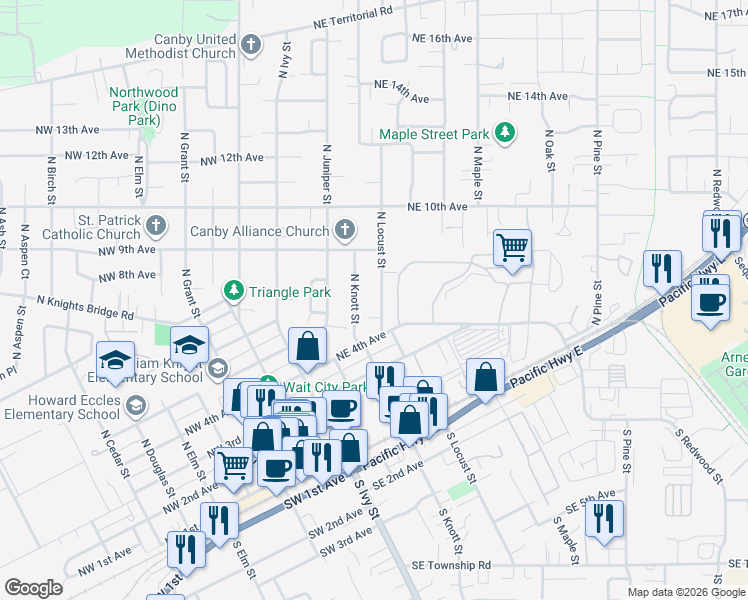 map of restaurants, bars, coffee shops, grocery stores, and more near 545 North Locust Street in Canby