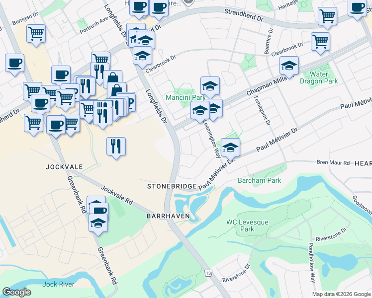 map of restaurants, bars, coffee shops, grocery stores, and more near 331 Balinroan Crescent in Ottawa
