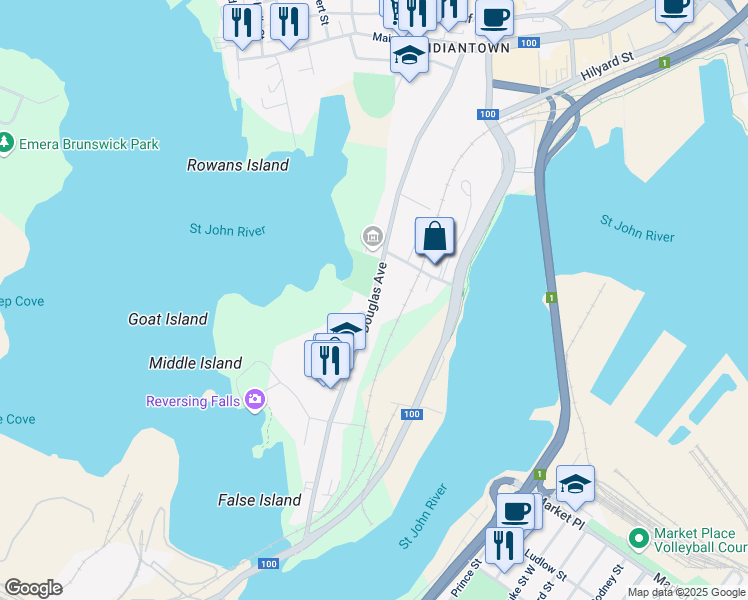 map of restaurants, bars, coffee shops, grocery stores, and more near Douglas Avenue in Saint John