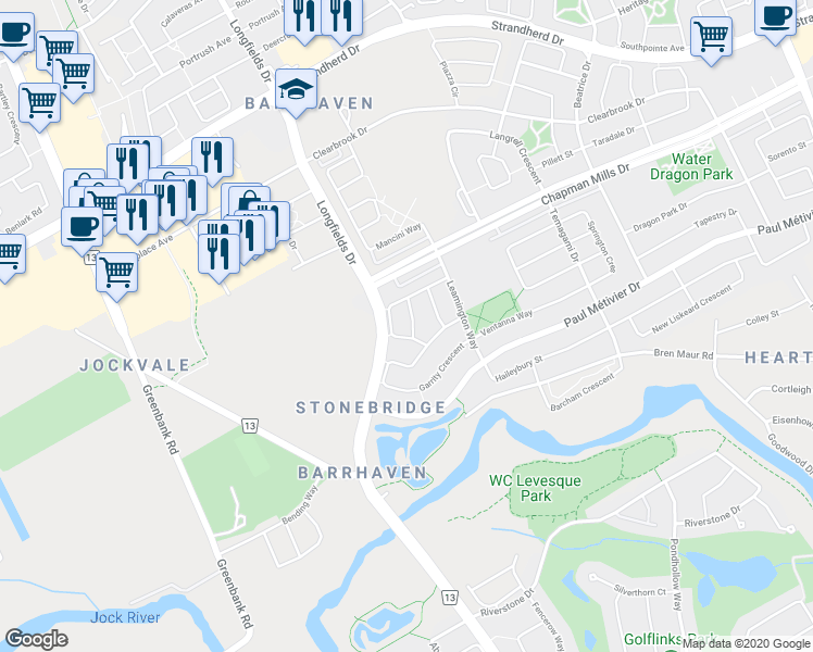 map of restaurants, bars, coffee shops, grocery stores, and more near 106 Akita Walk in Ottawa