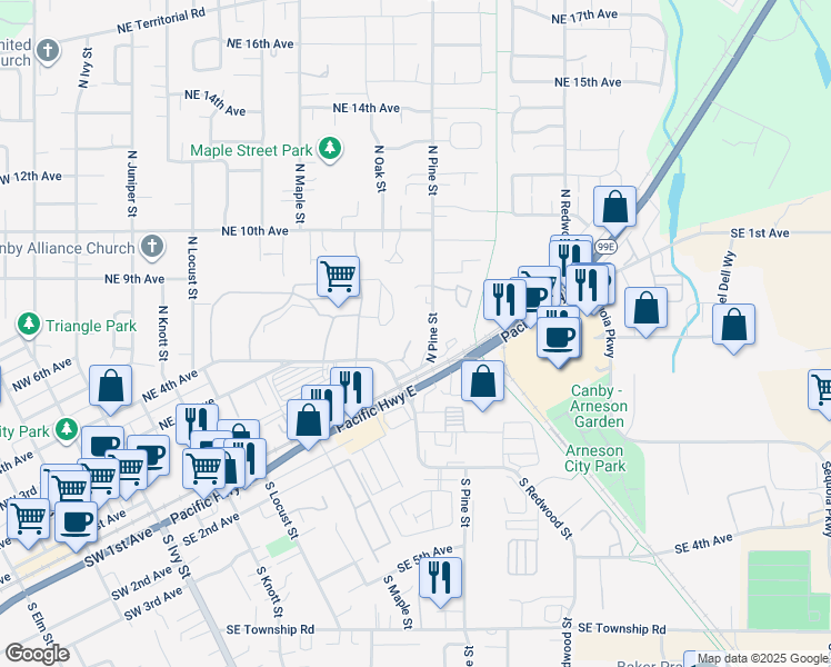 map of restaurants, bars, coffee shops, grocery stores, and more near 469 North Pine Street in Canby