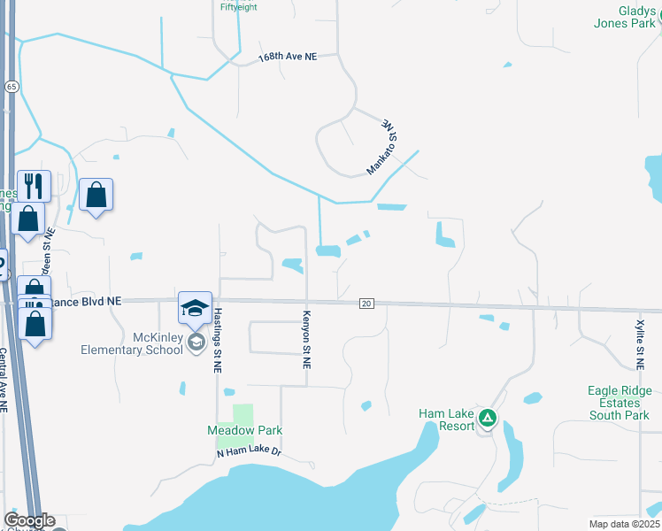 map of restaurants, bars, coffee shops, grocery stores, and more near 16336 Mankato Street Northeast in Ham Lake