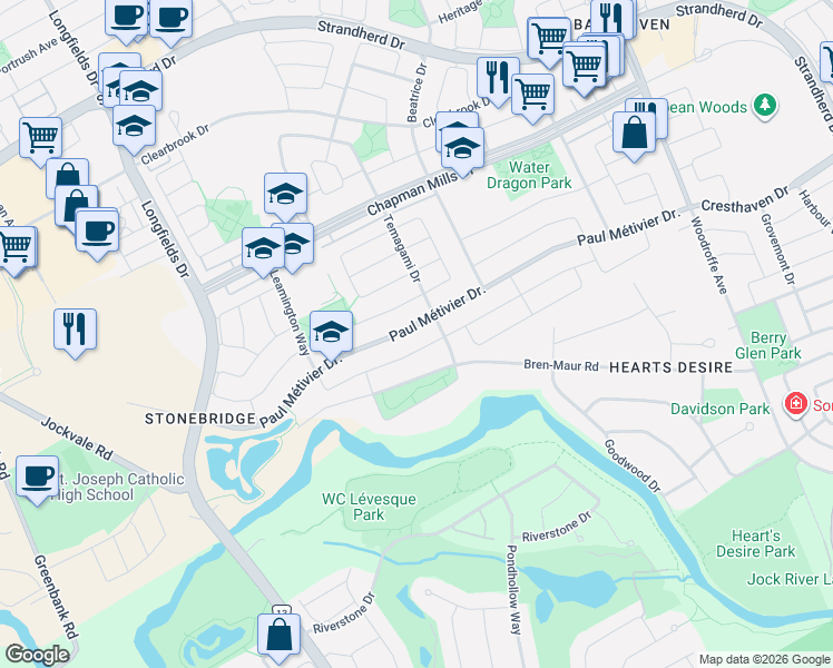 map of restaurants, bars, coffee shops, grocery stores, and more near 601 Paul Métivier Drive in Ottawa