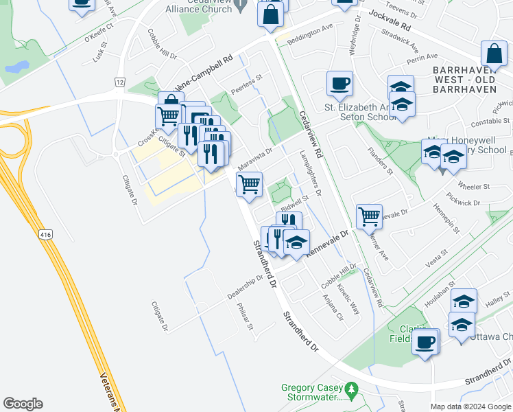 map of restaurants, bars, coffee shops, grocery stores, and more near 318 Copperfield Crescent in Ottawa