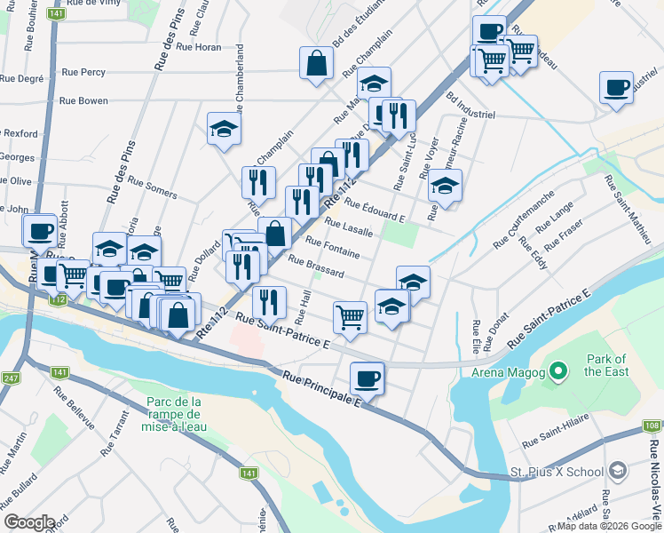 map of restaurants, bars, coffee shops, grocery stores, and more near 123 Rue Brassard in Magog