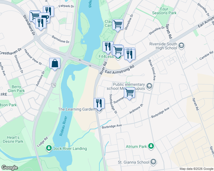 map of restaurants, bars, coffee shops, grocery stores, and more near 312 Ballinville Circle in Ottawa