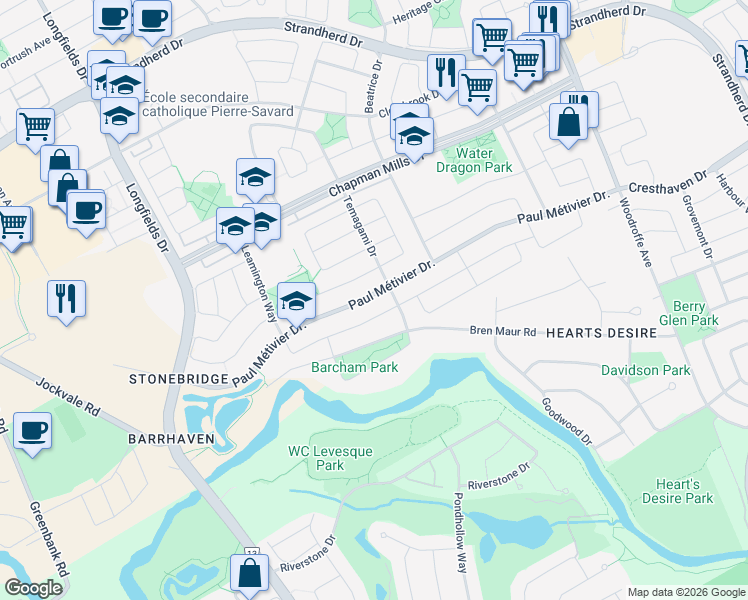 map of restaurants, bars, coffee shops, grocery stores, and more near 599 Paul Metivier Drive in Ottawa