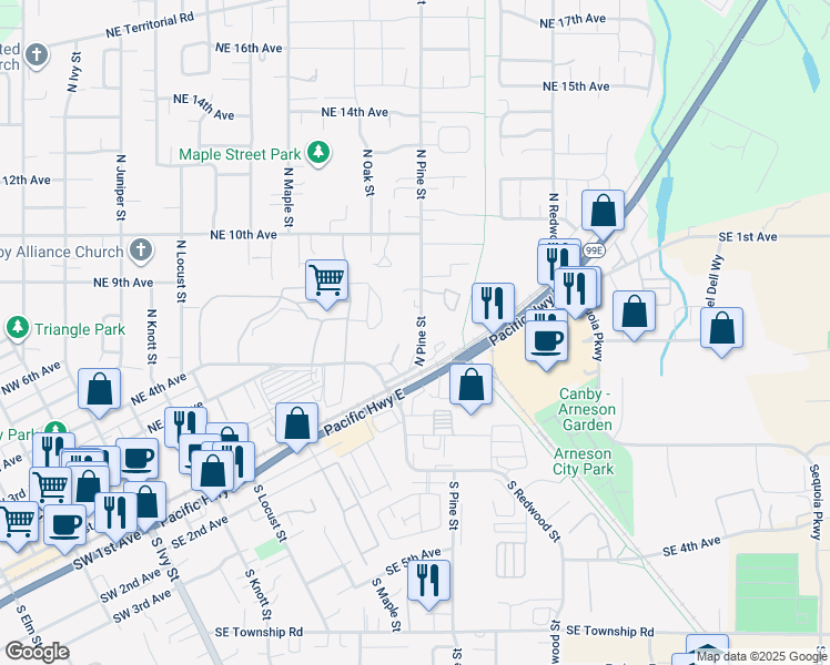 map of restaurants, bars, coffee shops, grocery stores, and more near 469 North Pine Street in Canby