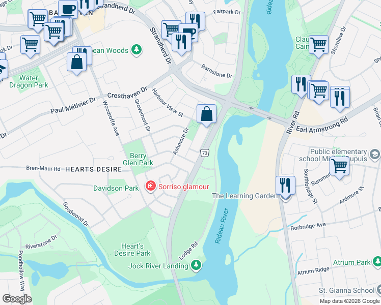 map of restaurants, bars, coffee shops, grocery stores, and more near 203 Harbour View Street in Ottawa