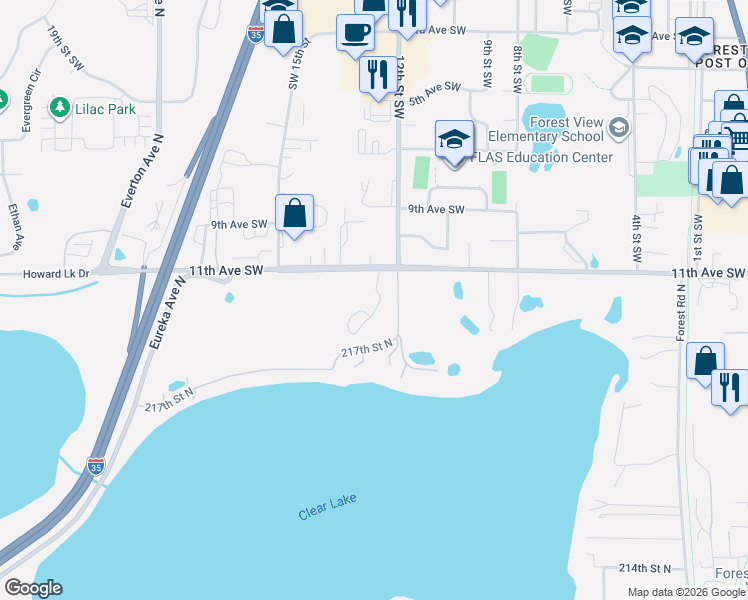 map of restaurants, bars, coffee shops, grocery stores, and more near 1258 Island Drive in Forest Lake