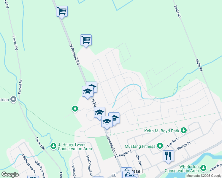 map of restaurants, bars, coffee shops, grocery stores, and more near Azure Street in Prescott and Russell United Counties