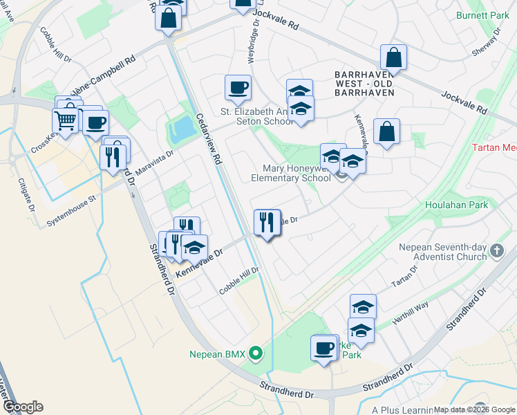 map of restaurants, bars, coffee shops, grocery stores, and more near 43 Peacock Crescent in Ottawa